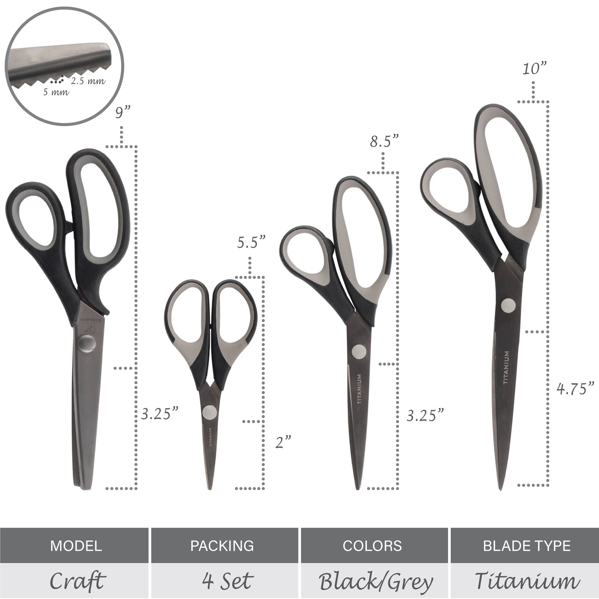 BambooMN Titanium Softgrip Scissors Set - Pinking, Sewing, Arts, Crafts, Office - 1 Set of 4 - Black w/Dark Grey Inlays