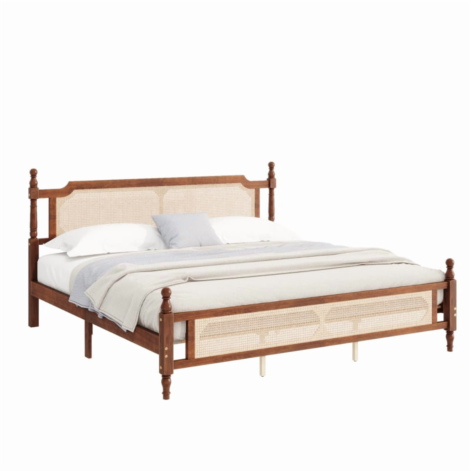 Luckynote King Size Solid Wood Bed Frame, Rustic Design with Rattan Headboard and Footboard, Walnut