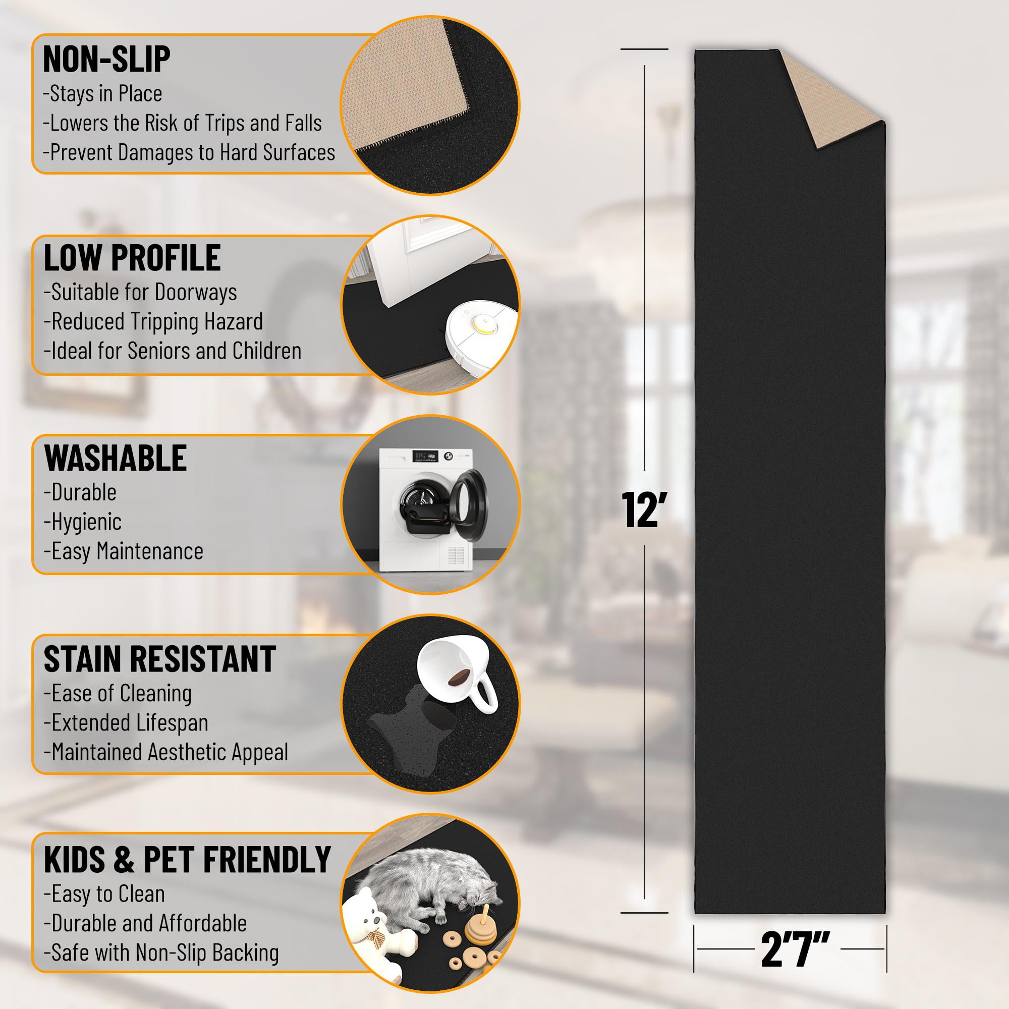 Sweet Home Stores Machine Washable NonSlip Rubberback Solid 2x12