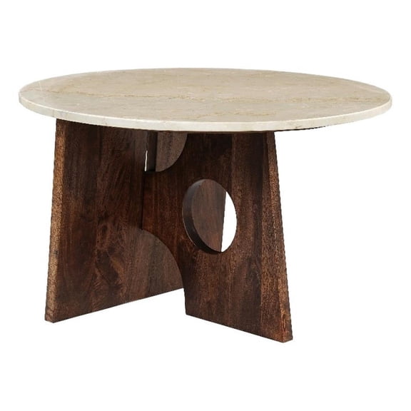 Coffee Table- 27" Round Marble Tabletop- Brown Mango Wood Base