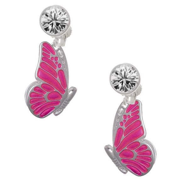 Silvertone Large Translucent Hot Pink Flying Butterfly Clear Crystal Clip On Earrings