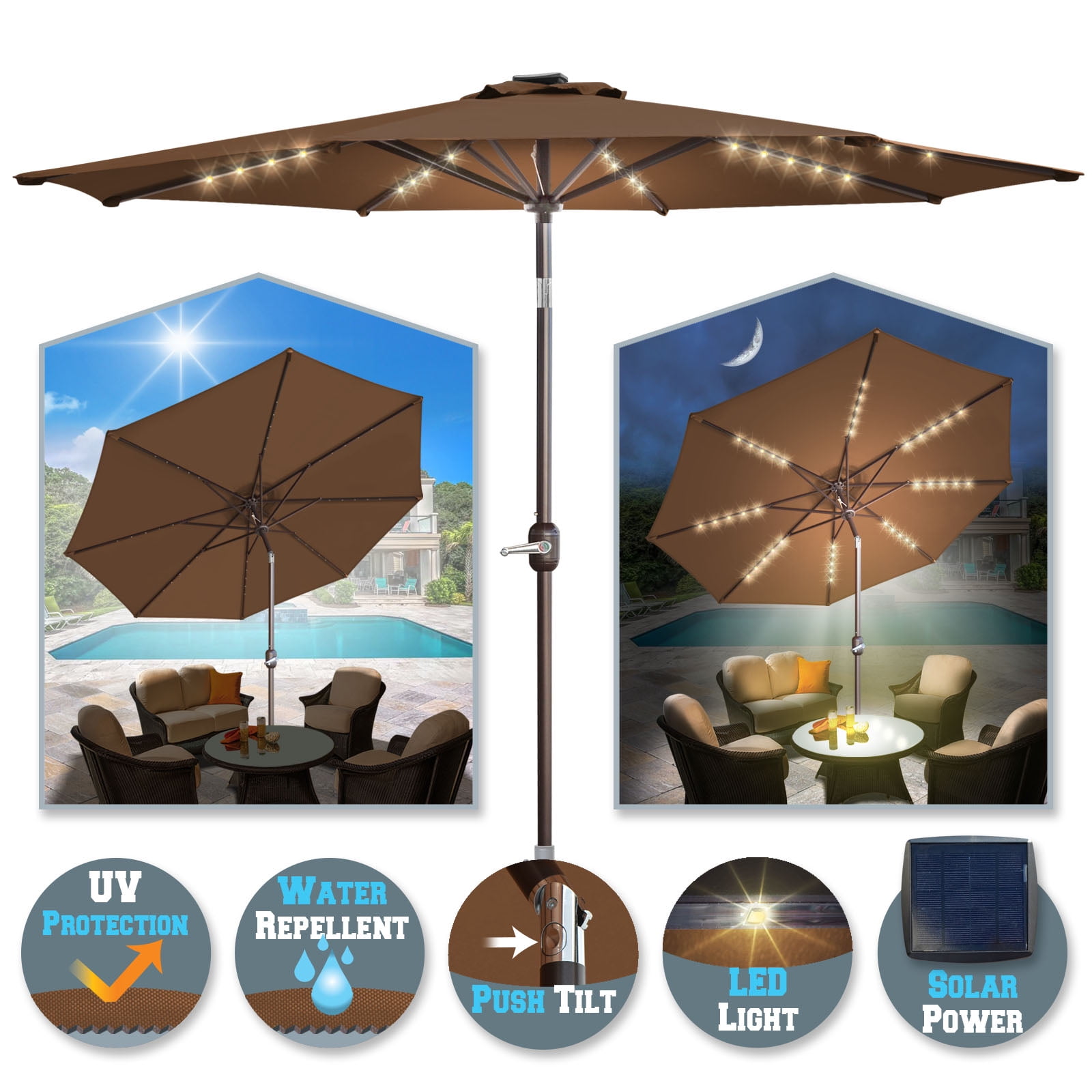 Sunrise 9' Outdoor Patio Solar Umbrella with 40 LED lights and 8 Ribs