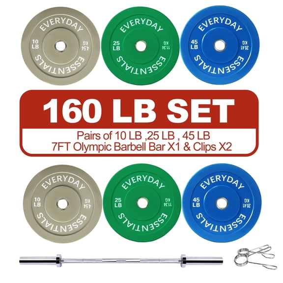 FlexWave Bumper Plates Set with 7FT Olympic Barbell, 160 lb Plates, 2-Inch, Color