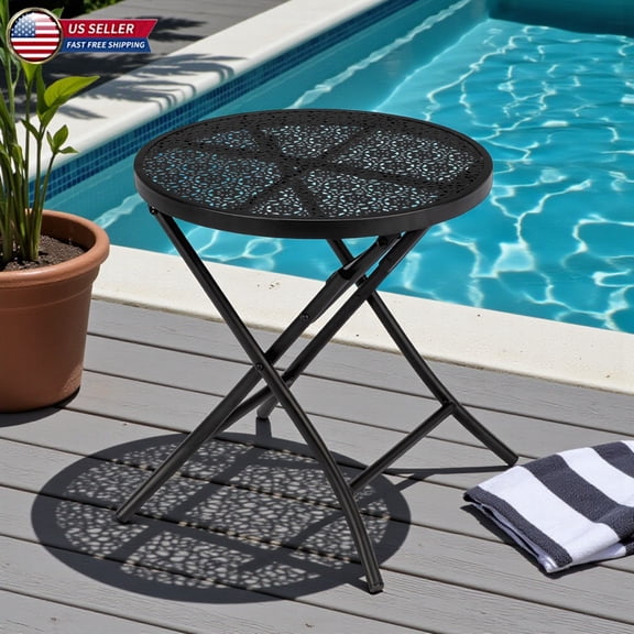 Hassch Outdoor Folding Side Table, 18.1" Hollow Floral Accent Round Patio Table, Portable for Picnic Camping Balcony, No Assembly, Black