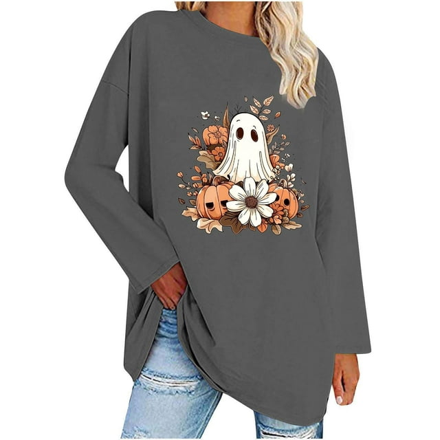 FAIWAD Womens Halloween Long Sleeve Tops Cute Ghost Print Crewneck Pullover 2024 Fall Basic Tees