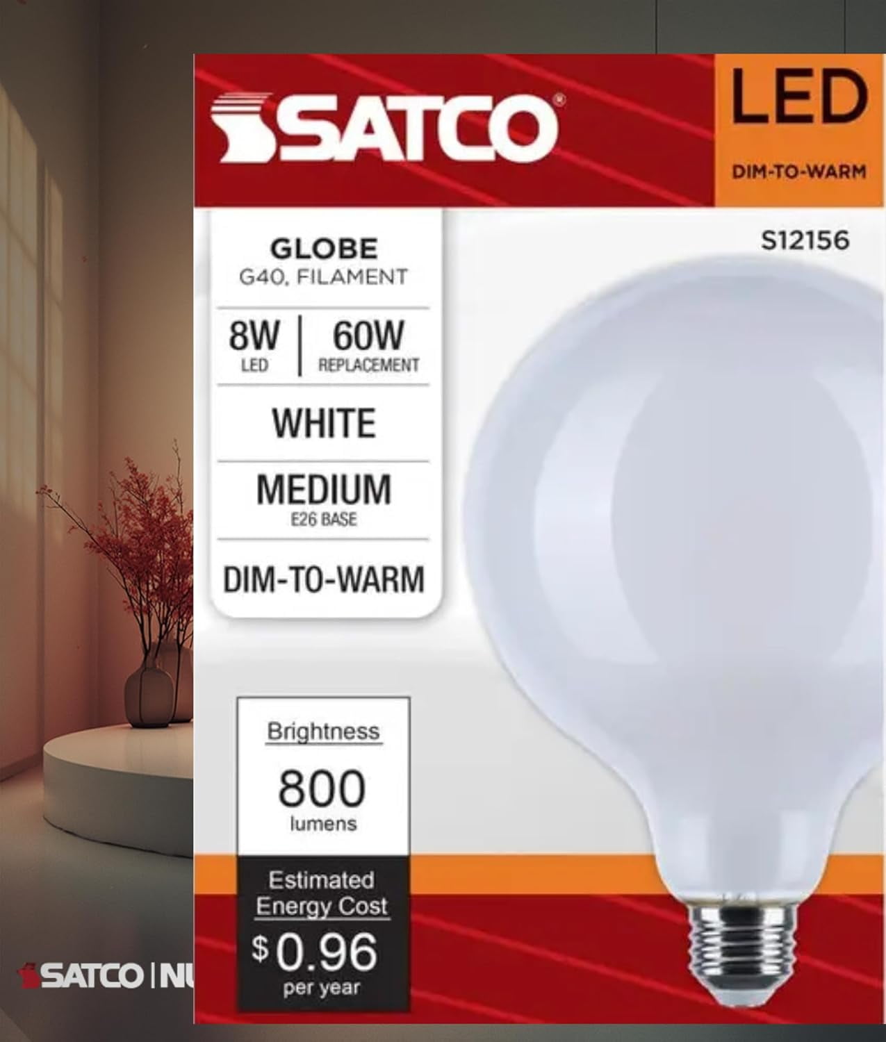 Satco S12156 LED G40 Globe Light Bulb 8W 120V  Warm Dimming 3000K-2000K White Finish 800 Lumen E26 Medium Base (6 Pack)