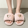 thumbnail image 5 of Women's Fuzzy Open Toe Slide Slippers with Thick Platform Sole, Memory Foam Fluffy Plush House Slippers, Metal Heart Faux Fur, Cozy Warm Soft Indoor Outdoor Comfort House Footwear Pink, 5 of 5