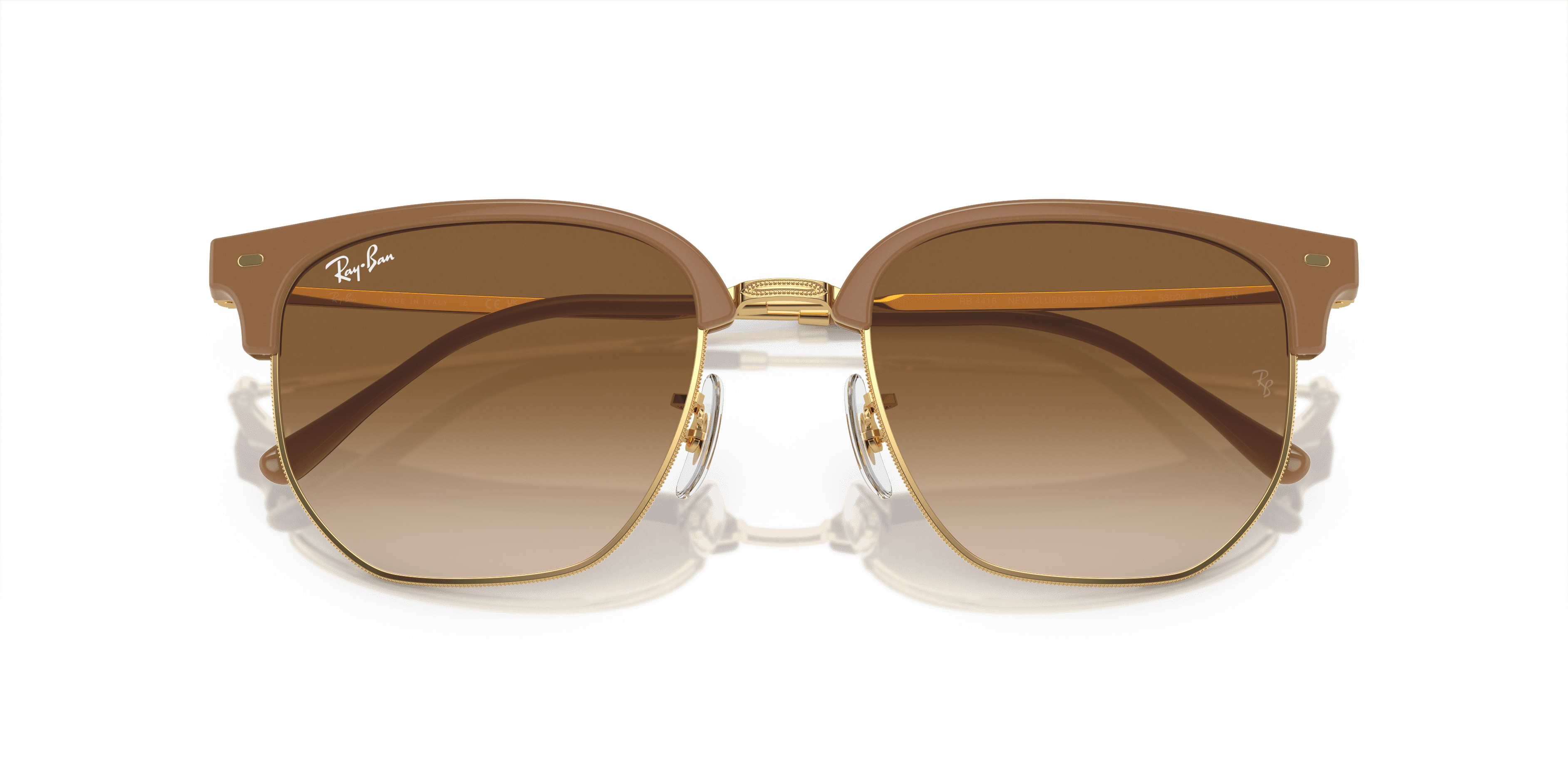 Ray-Ban New Clubmaster Sunglasses, Polished Beige on Gold with Light Brown Eye Glasses, Size 53