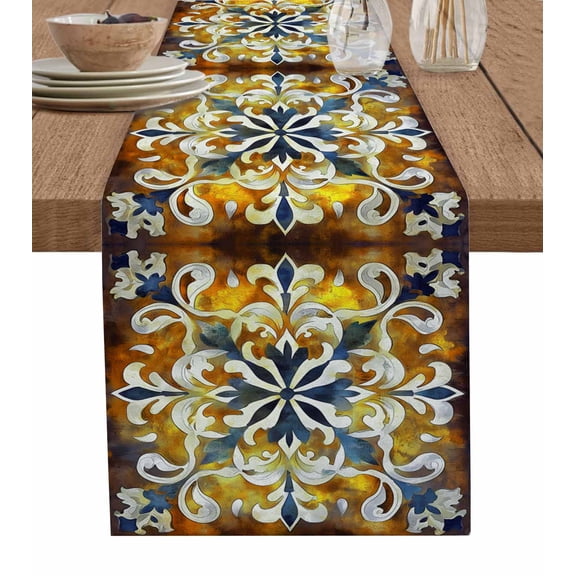 Yellow Blue Boho Table Runner 72 Inches, Vintage Abstract Flowers Ethnic Bed Runner Dresser Scarves Tabletop for Indoor Outdoor Parties/Ceremony/Banquet, 13" x 72"