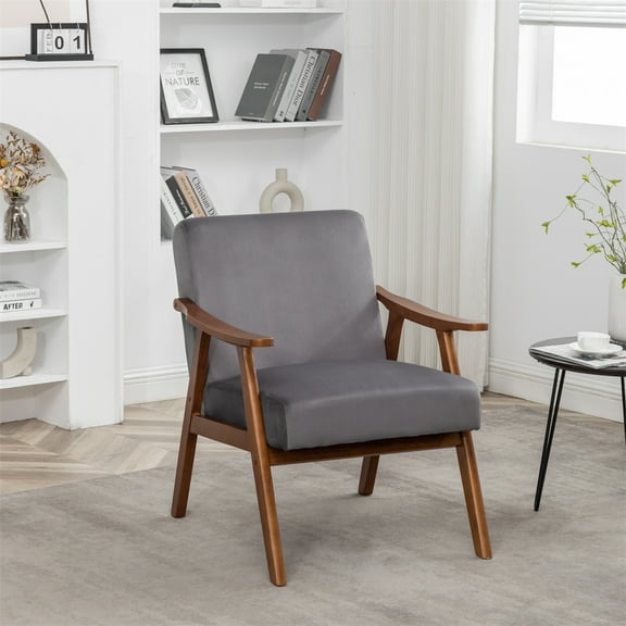 Dtwnek Velvet Upholstery Accent Chair with Solid Wood Frame, Mid-Century Modern Armchair for Living Room, Bedroom, Office, Gray