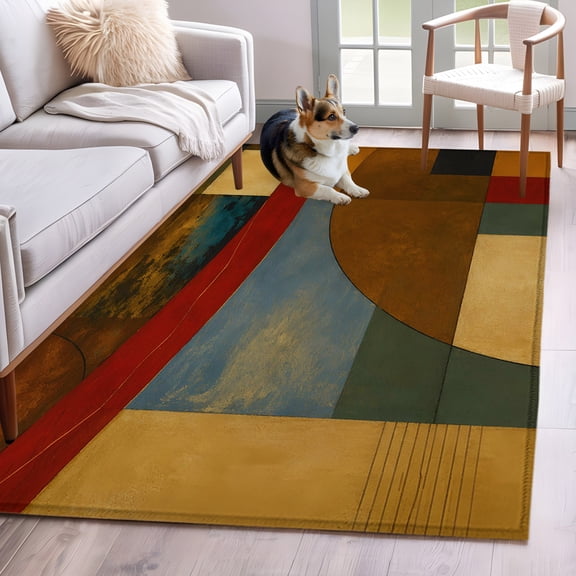 Vintage Geometric Area Rug 4'x6', Farmhouse Abstract Colorful Graffiti Washable Non-Slip Rugs, Low Pile Large Carpet for Living Room Bedroom Dining Room Kitchen Office Indoor Mat