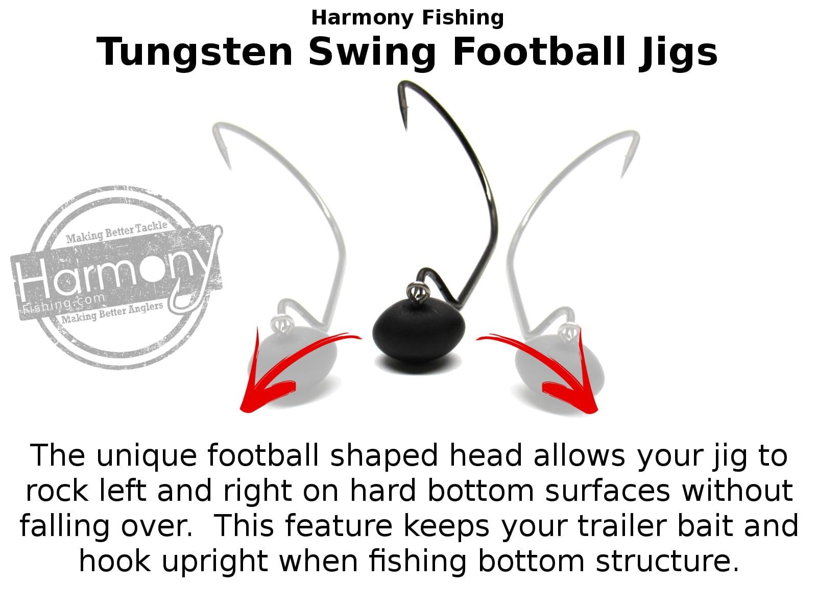 Harmony Fishing - Tungsten Swing Football Jigs [Pack of 3 w/ 10 Bait Pegs] Swinging Football/Rugby jigs with Hooks for bass Fishing 3/4 oz, 5/0 Hook 3 Pack