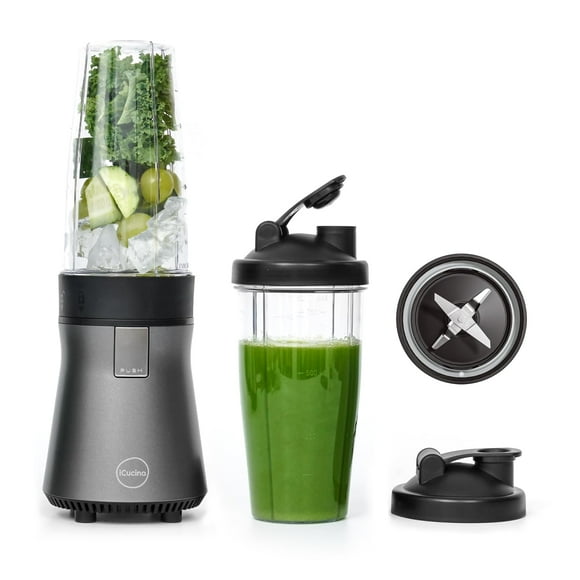 iCucina Licuadoras para Batidos y Smoothies, 500W, 2 Vasos Portátiles para Llevar con Tapa de 28 oz, Licuadora Personal, Fácil de Limpiar, para Cocina, Jugos, Comida para Bebés