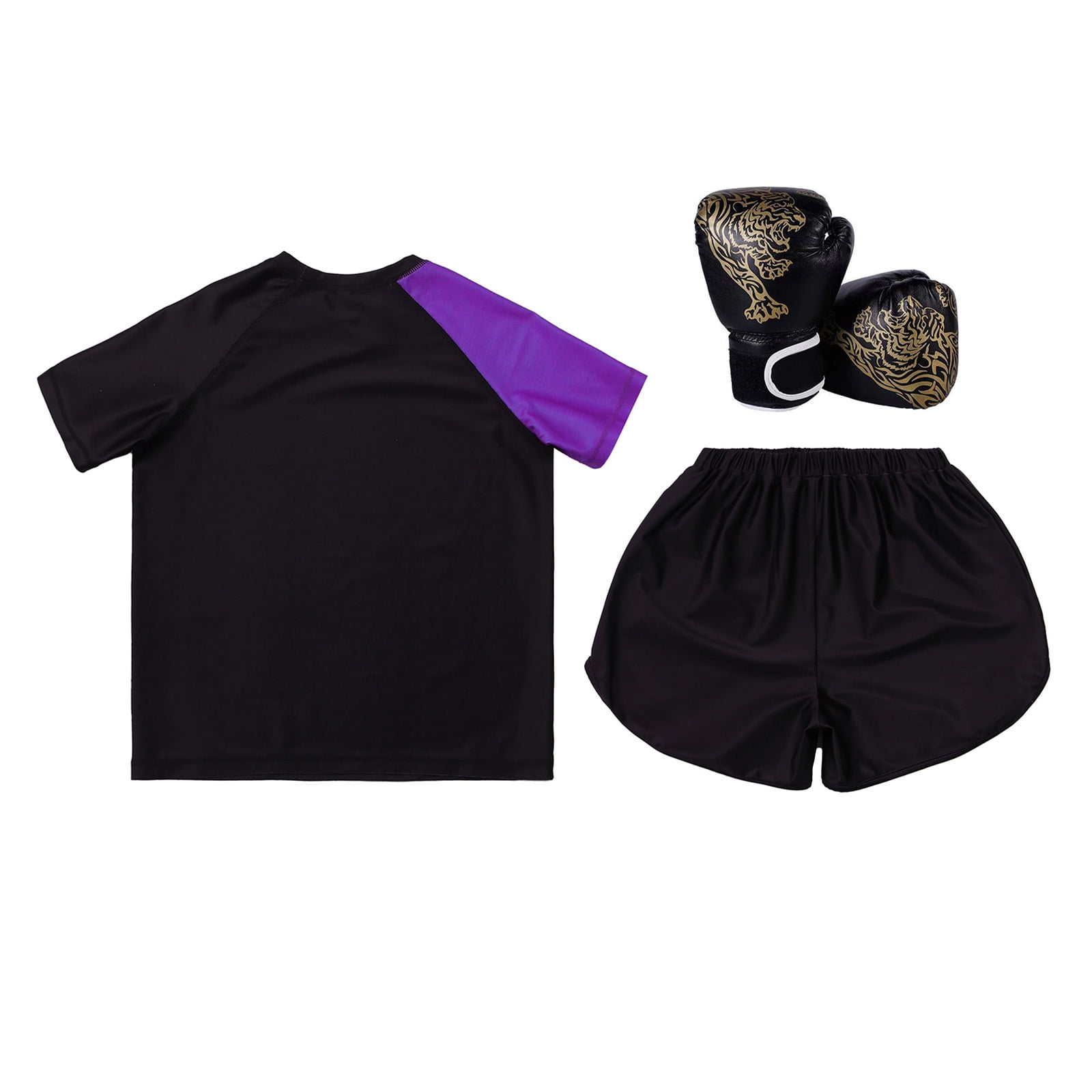 Hansber Kids Boxing Outfit Kick Boxing Uniform Athletic T-Shirt Top with Muay Thai Shorts Trunks Boxing Gloves Set Purple&Black 6