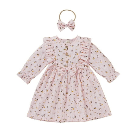 

BSDHBS Girls Dresses Toddler Baby Girls Long Sleeve Floral Printed Ruffles Princess Dress+Headbands