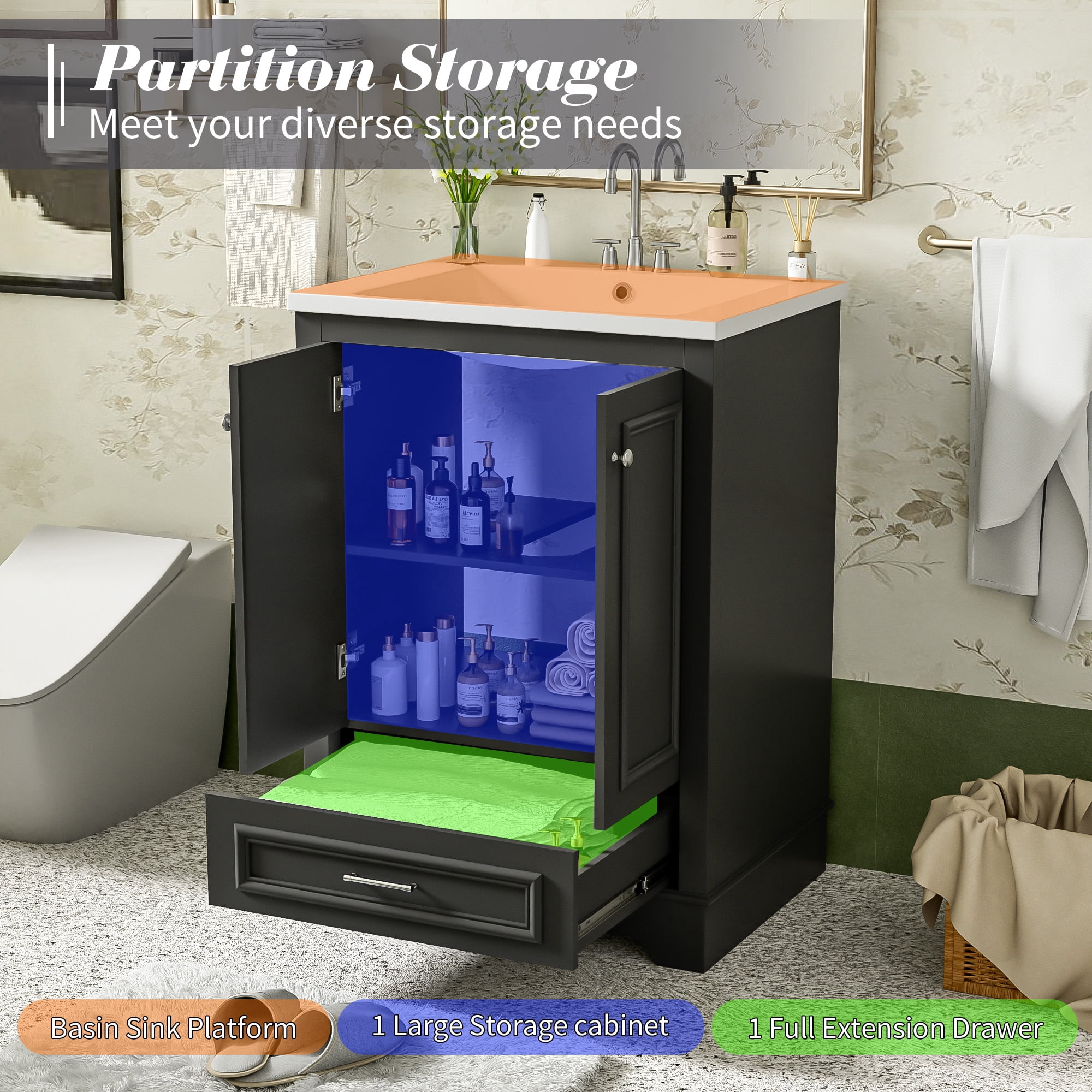 Euroco 24" Bathroom Vanity with Sink, Modern Bathroom Cabinet with Ceramic Basin & Adjustable Storage, Solid Wood Frame Vanity