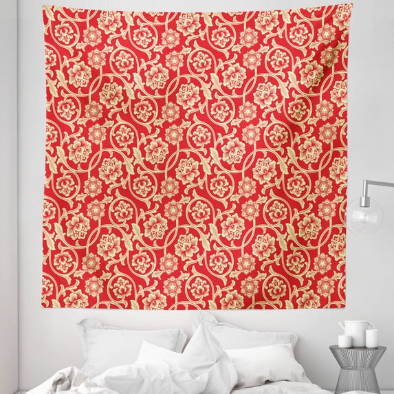 Valentine's Day Tapestry, Oriental Blossoms with Tangled Curly Leaves Antique Design of Flowers, Fabric Wall Hanging Decor for Bedroom Living Room Dorm, 5 Sizes, Vermilion Beige, by Ambesonne