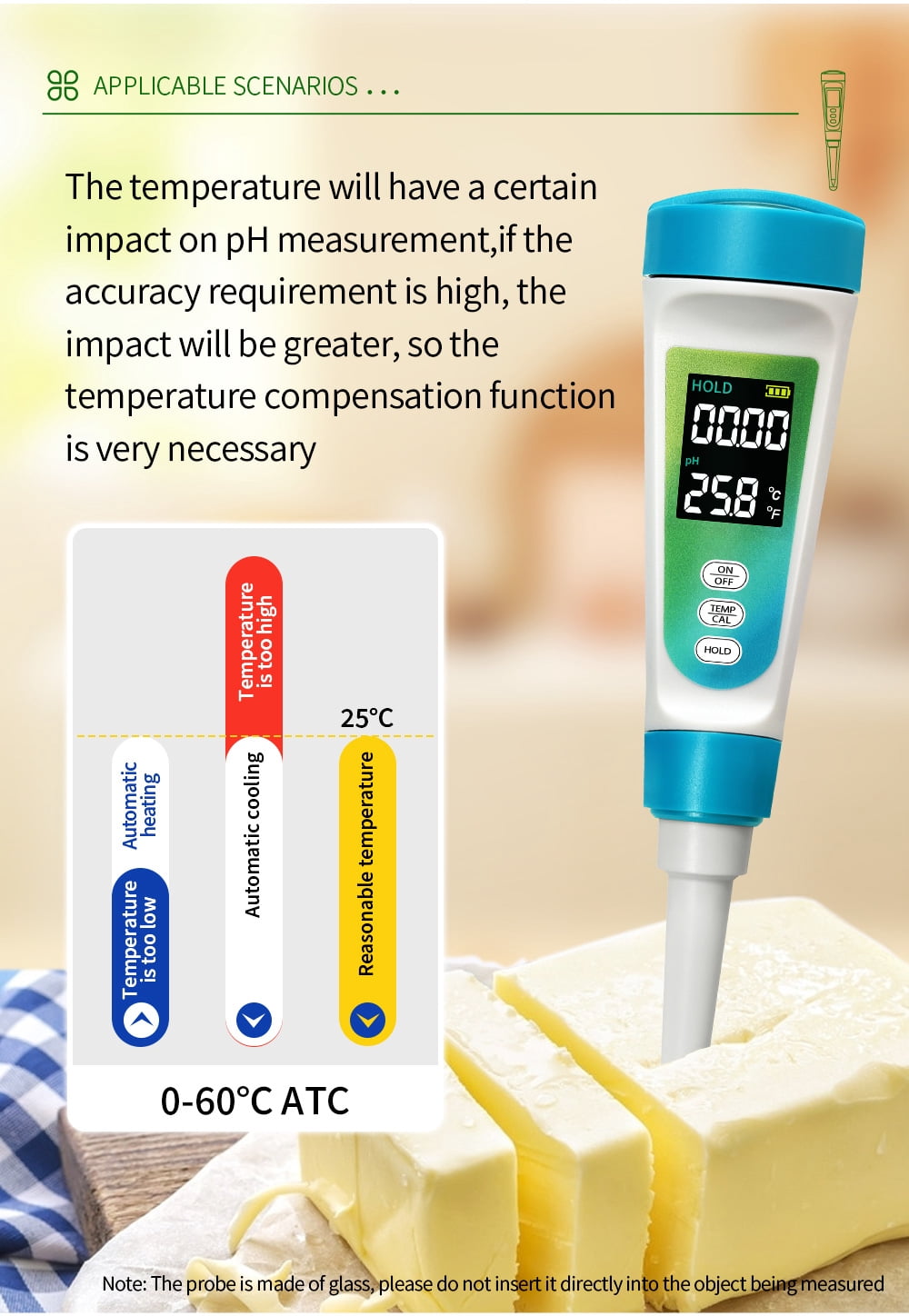New 2-in-1 food PH Meter & Thermometer, Digital PH test pen for dough cheese meat fruit, high accuracy acidity tester for kitchen food safety
