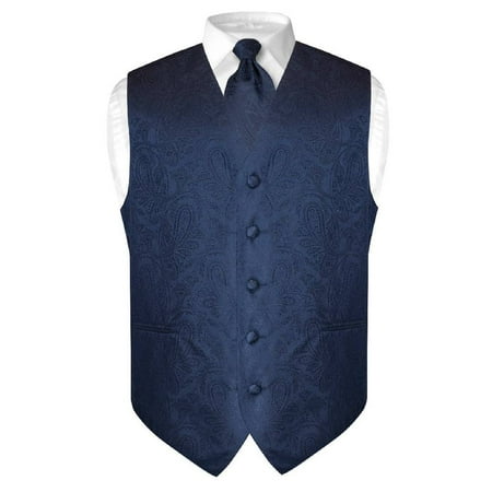 Men's Paisley Design Dress Vest & NeckTie NAVY BLUE Color Neck Tie (Best Color Tie With Navy Blue Suit)