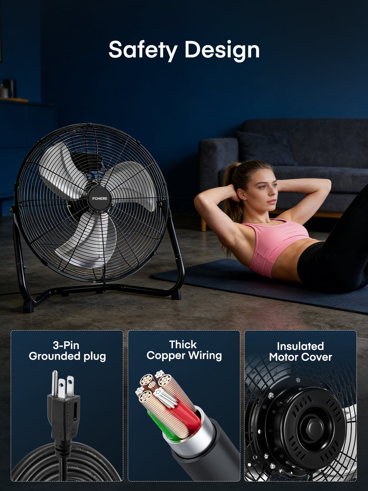 FOHERE 20" High Velocity Floor Fan, Heavy Duty Metal Cooling Fans with 3 Speeds, 360° Tilt Head, Etl Safety Listed, for Industrial, Commercial Space, Garage, Gym, Warehouse, Shop