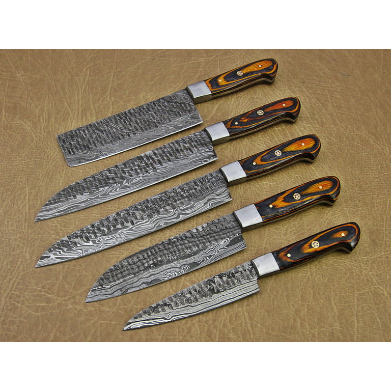Revolutionerende angst forseelser 5 Pieces Damascus steel Hammered kitchen knife set, 2 tone Yellow wood  scale, 54 inches long sharp knives, Custom made hand forged Hammered  Damascus steel blade, Goat suede Roll Leather sheath - Walmart.com