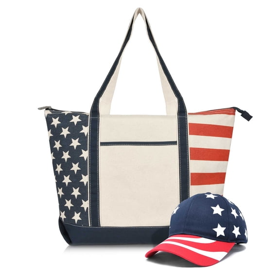 DALIX Stars and Stripes Tote Bag and Baseball Cap Set