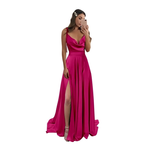 Vestido Bridemsaid Monvelli de satén con cuello vuelto y bolsillos, color rosa intenso