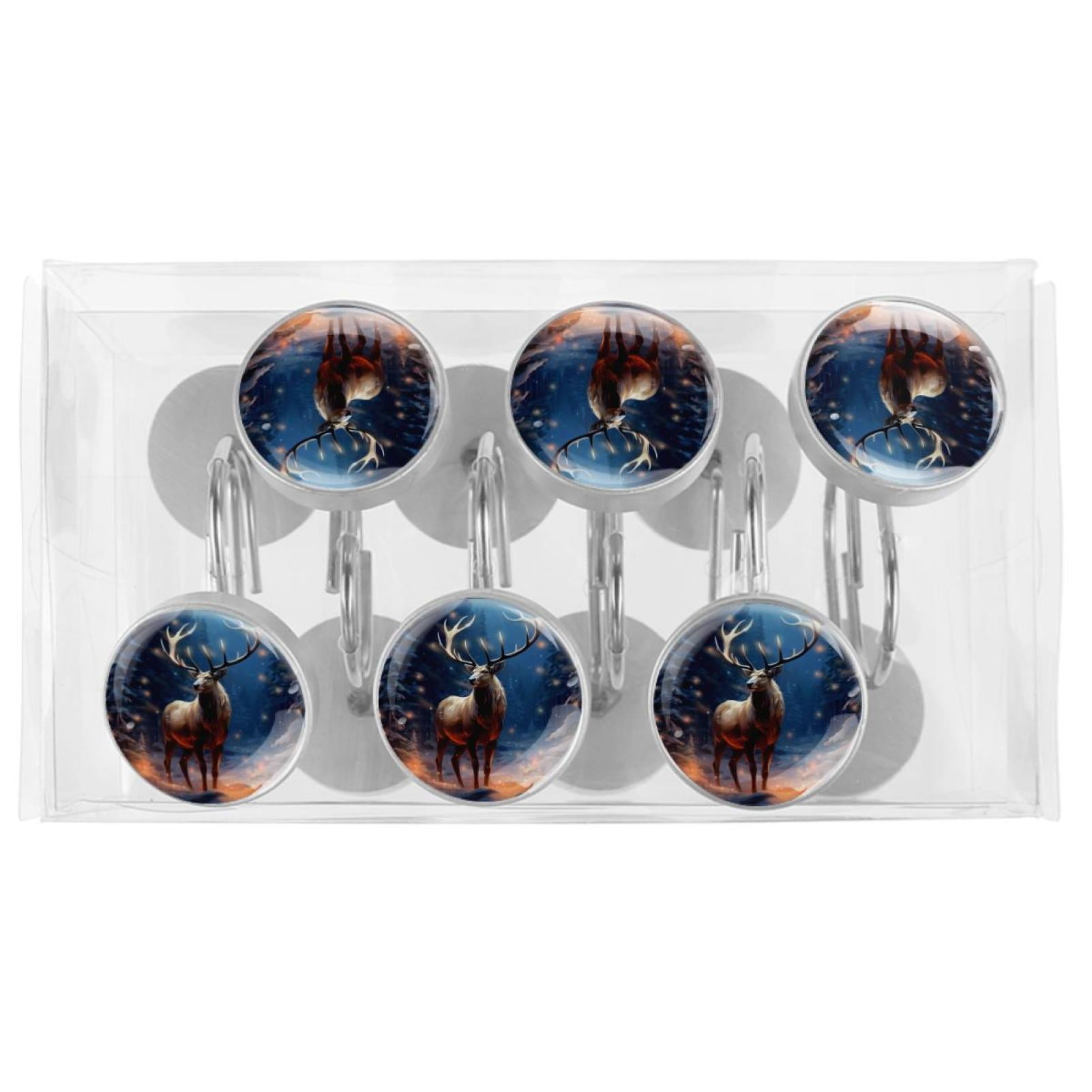 Christmas Elk Shower Curtain Hooks （Set of 12） for Home Hotel Shower Rods Bathroom Crystal Glass Print Stainless Steel Round Curtain Hooks