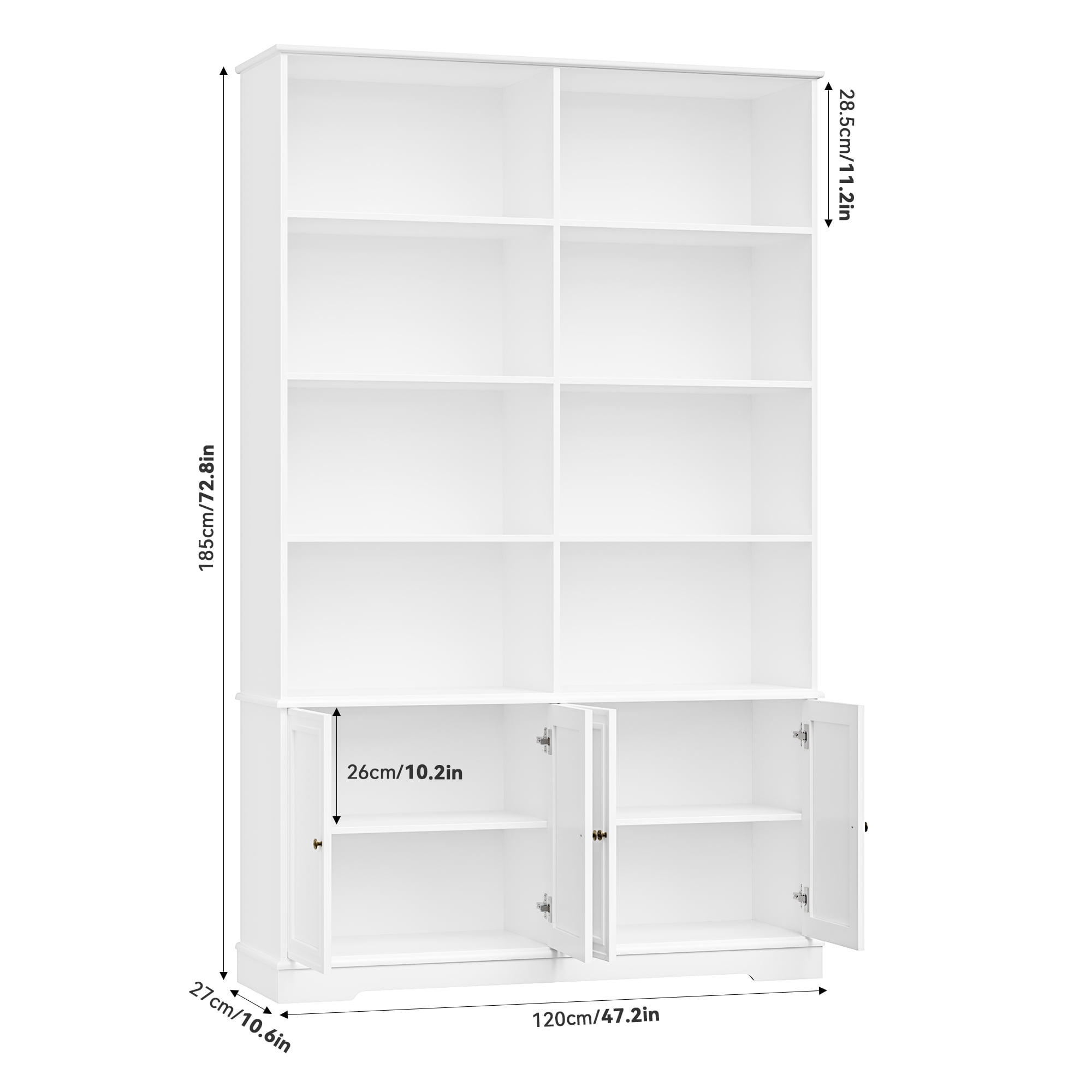 Homfa 73'' Tall Bookcase, 6-Tier 8 Cubes Display Bookshelf, 4 Doors Double Row Bookcase for Living Room Home Office, White