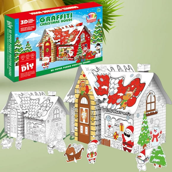 Diy Toys for Girls Boys,Montessori Games for Kids,Playhouse for DIY Christmas Can Be Easily Folded for Easy Storage for Children Children's Colorful Cardboard House Children's Christmas Activity