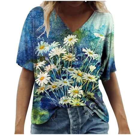 

Women s Fashion Casual Plus Size Scenic Flowers Printing Round Neck T-Shirt Tops