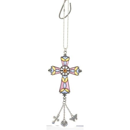 Glass Purple Cross - Orange Blue & Purple Stained Glass Cross Ornament by Ganz
