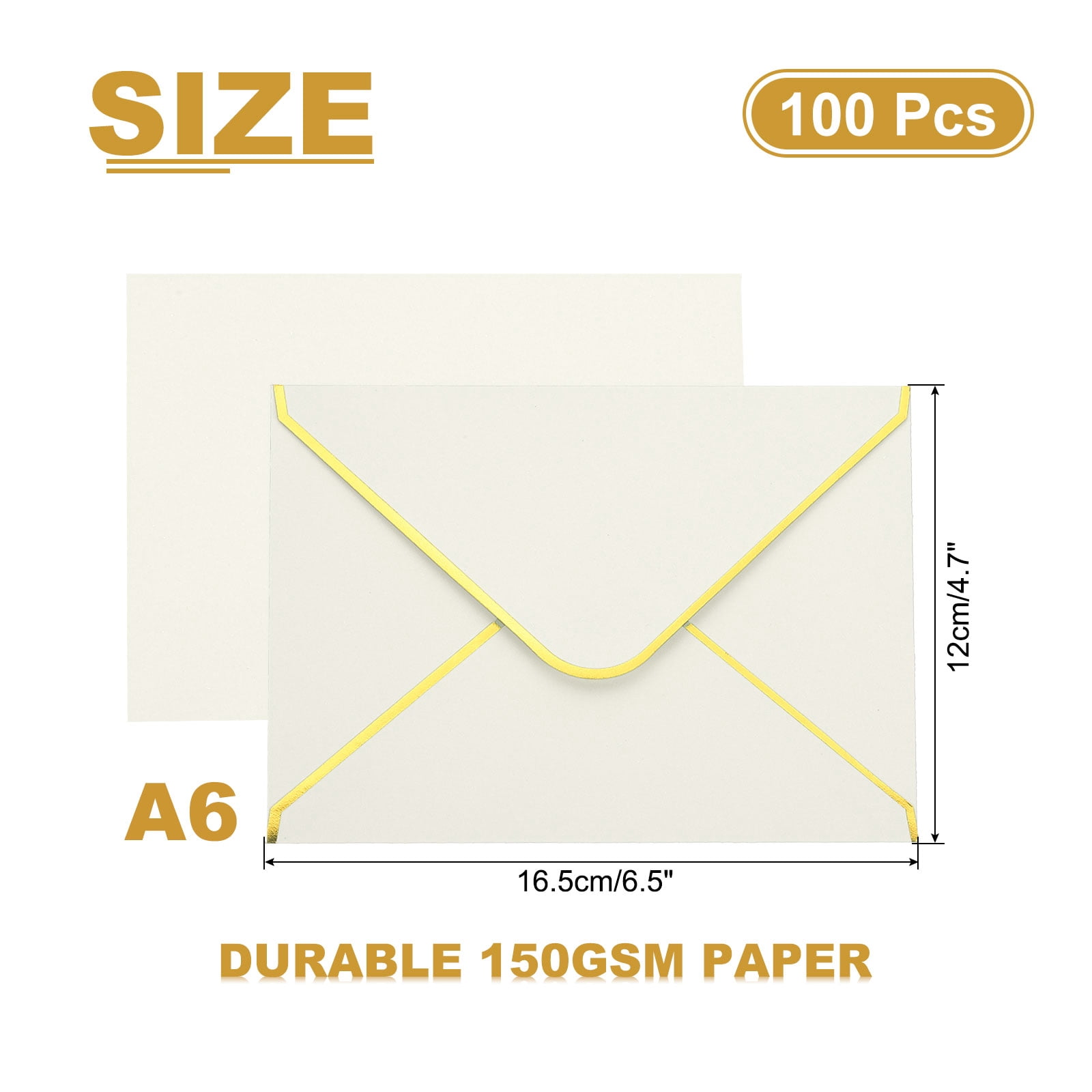 Uxcell 100 Pack A6 Envelopes, 4x6 Card V Flap Envelope Round Edge Valentine Envelopes with Gold Border for Office Wedding Card Invitations Graduation Party Gift, Beige