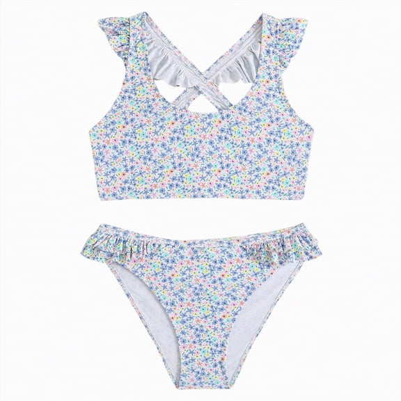Bosanter Bathing Suits For Girls 2 Piece Tankini Bathing Suit Set Ditsy Floral Print Ruffles Swimsuit Set Cute Bikini Swimwear, Blue 9-10Y