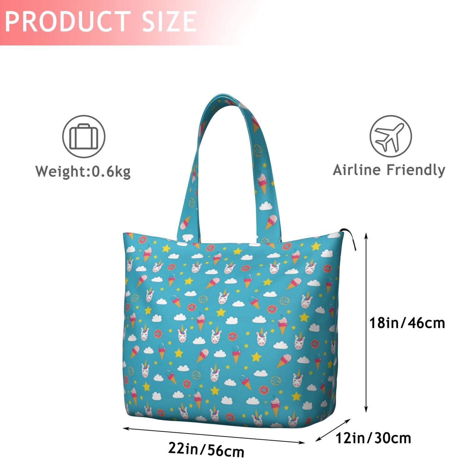 Blue Cartoon Unicorn Ice Cream Donut Star Cloud Travel Tote Bags for Women Carry On,Large Weekender Bags for Women Travel,Multi Functional Duffle Bag for Work,Shopping,Sports