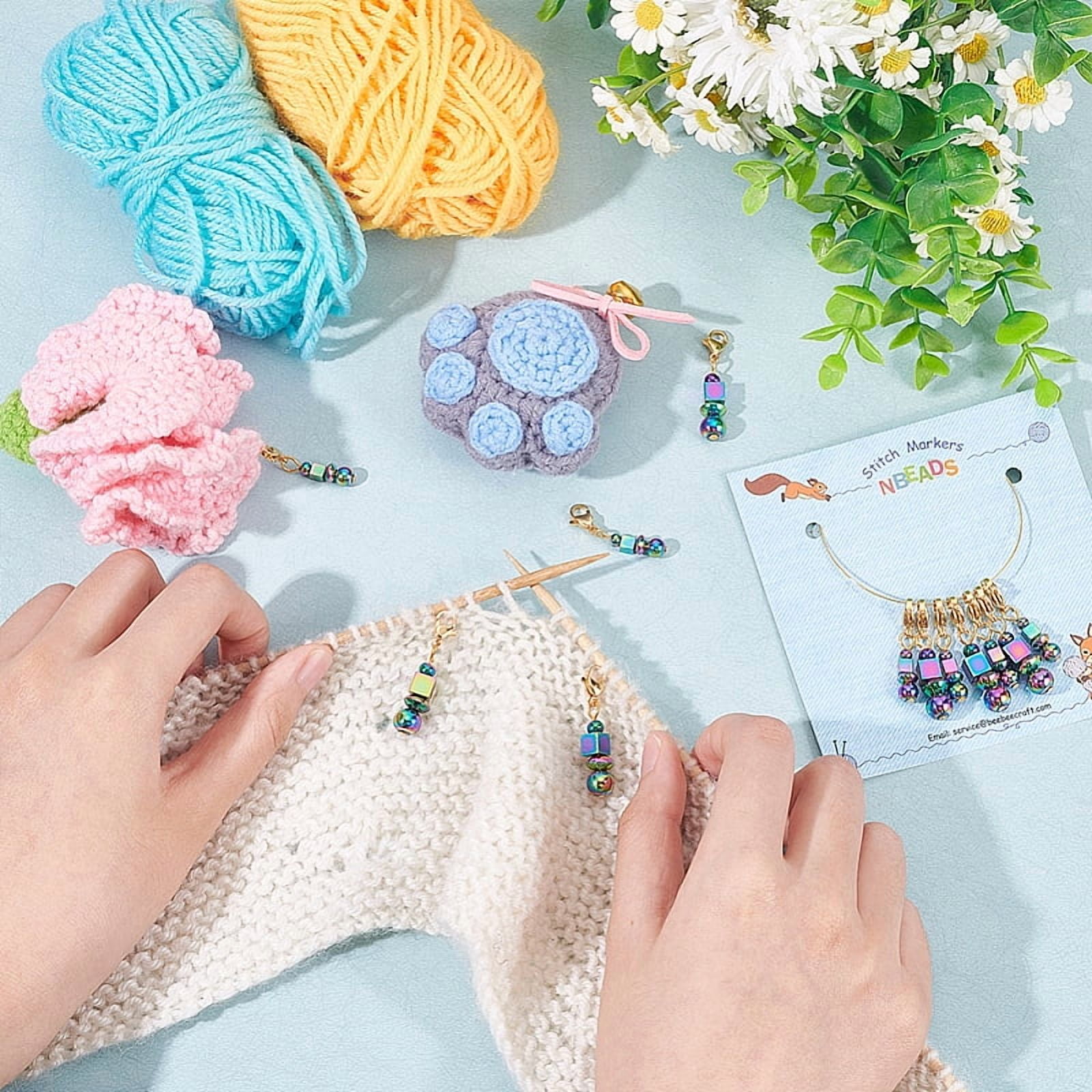 Round & Cube & Abacus Beaded Pendant Stitch Markers 304 Stainless Steel Crochet Lobster Clasp Charms Locking Stitch Marker with Wine Glass Charm Ring