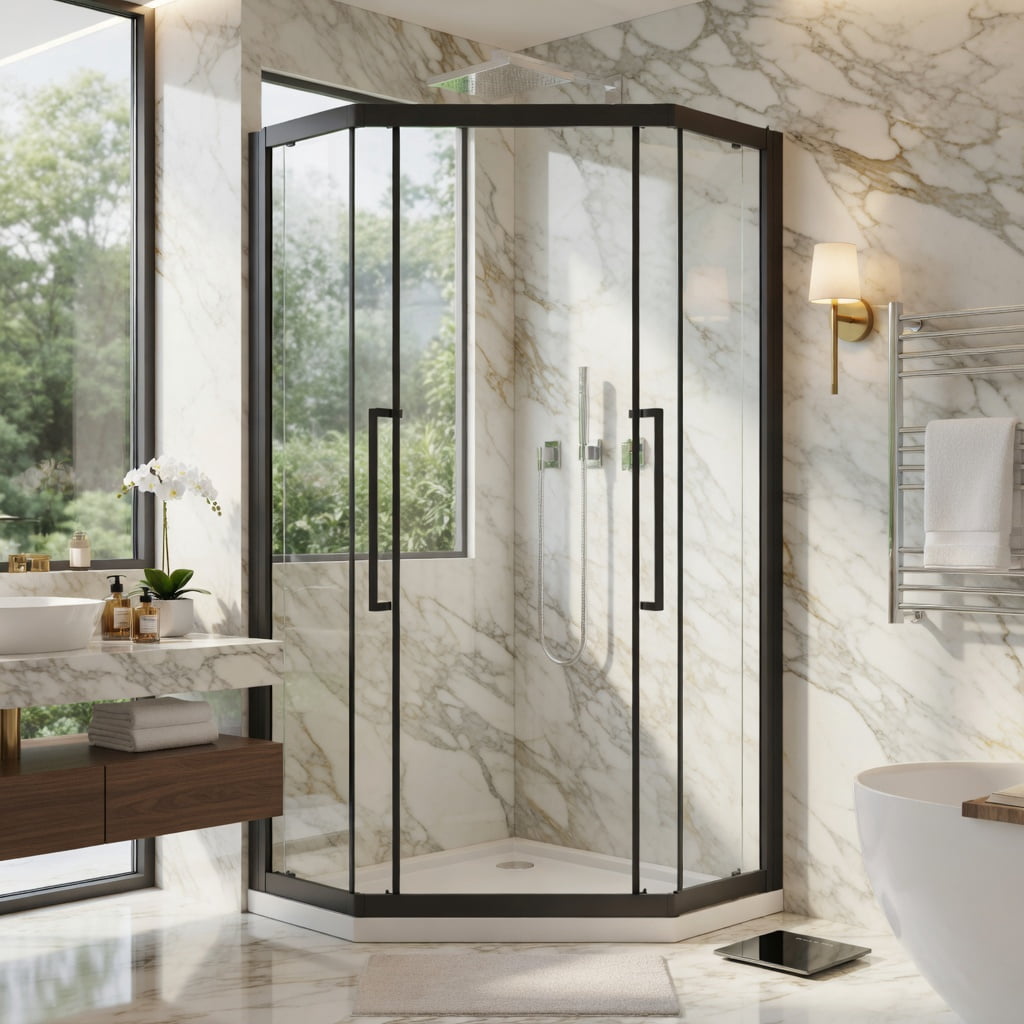 Hommoo Neo-Angle Sliding Shower Enclosure 36" x 72", 1/4" Clear Tempered Glass Diamond Shower Door, Dual Roller System & Stainless Steel Handles, Black & Transparent