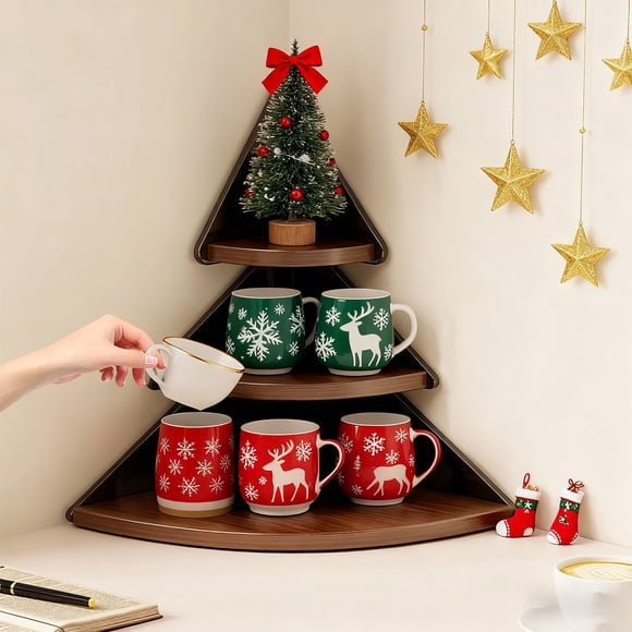 Estante Esquinero de Escritorio con Forma de Árbol de Navidad, Almacenamiento de Varios Niveles | Decoración para Cocina y Oficina | Material: Madera | 40 X 36 Cm | Color: Marrón | Diseño de 3 Nivele