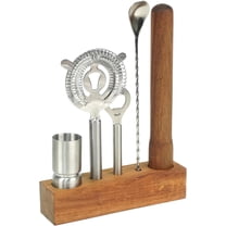 Muddler Cocktails Set - 6-Piece Bartender Kit (Muddler, Jigger, Bar Spoon, Opener, Strainer & Wood Base) - Acacia Wood Muddler & Stainless Steel Bar Tools for Home Bartending