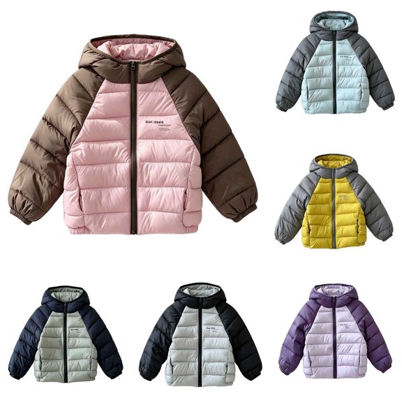 Bovxnpu Girls Down Jackets Kids Padded Jacket Long Sleeve Hooded Zip Pocket Warm Coat Outfits