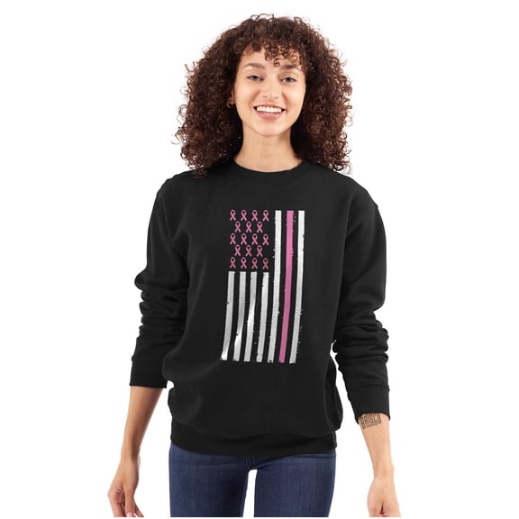 Breast Cancer Pink Ribbon USA Flag Women Crewneck Sweatshirt Brisco Brands S