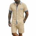 thumbnail image 2 of HBGVBA Men Casual Vintage Linen Elastic Waist Shorts Button Lapel Pocket Short Sleeve Shirt 2 Piece Beach Wear Outfit, 2 of 5