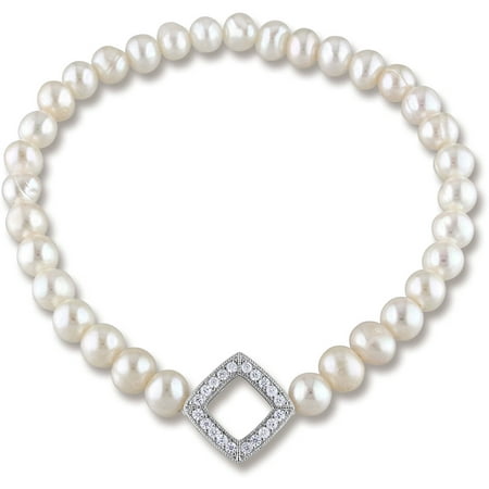 Miabella 5-6mm White Cultured Freshwater Pearl and 1/3 Carat T.G.W. CZ Sterling Silver Stretch Bracelet