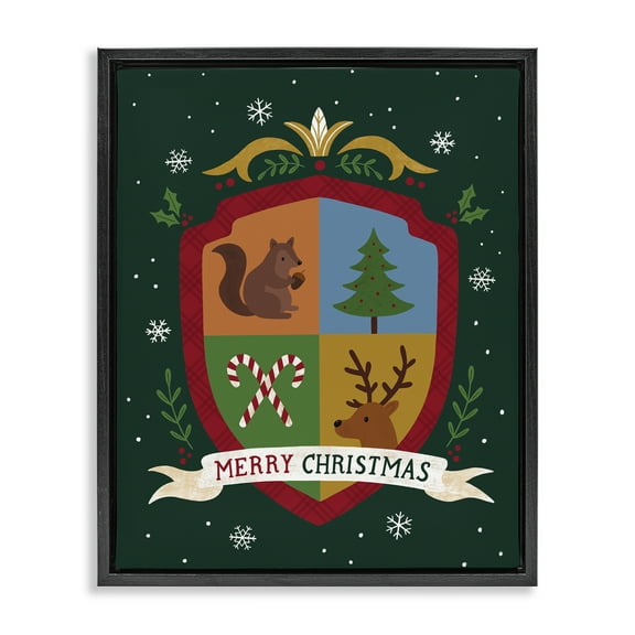 Stupell Industries Merry Christmas Woodland Crest Holiday Painting Black Floater Framed Canvas Art Prints Wall Art, 17 x 21