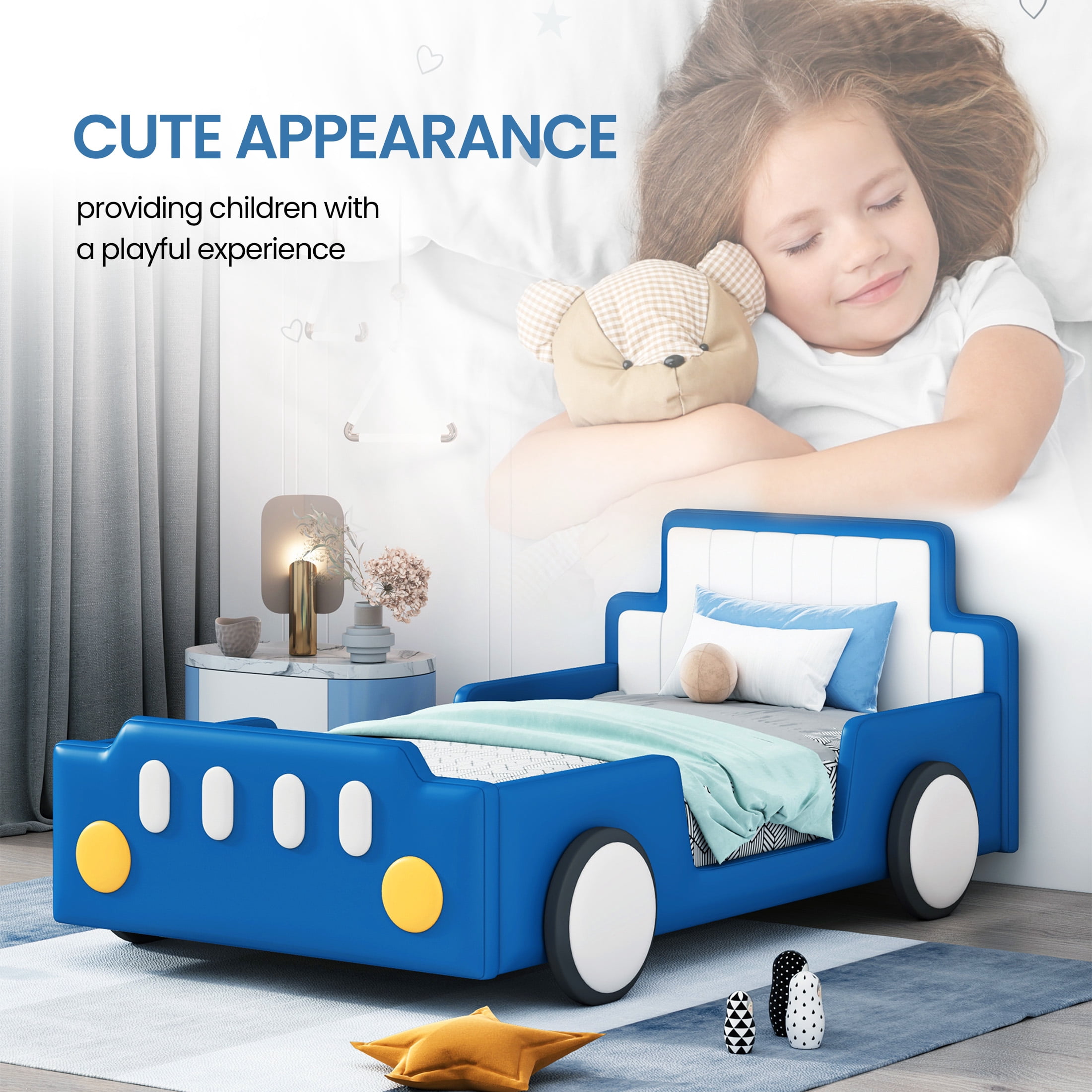 Aukfa Twin Size Race Car Platform Bed with Wheels, Kids Car Bed Frame with PU Leather Headboard and Footboard for Boys/Girls, Blue