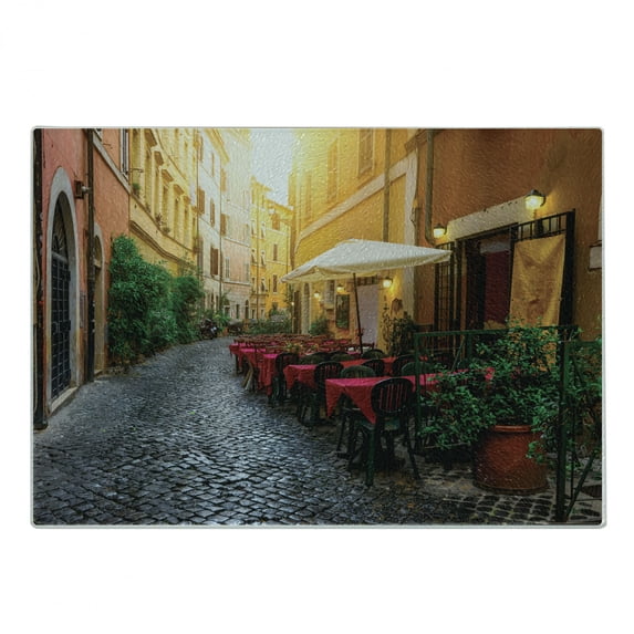 City Old Houses Cutting Board, Old Street in Trastevere in Rome Italy with a Cozy Ambiance and a Cafe, Decorative Tempered Glass Cutting and Serving Board, in 3 Sizes, by Ambesonne