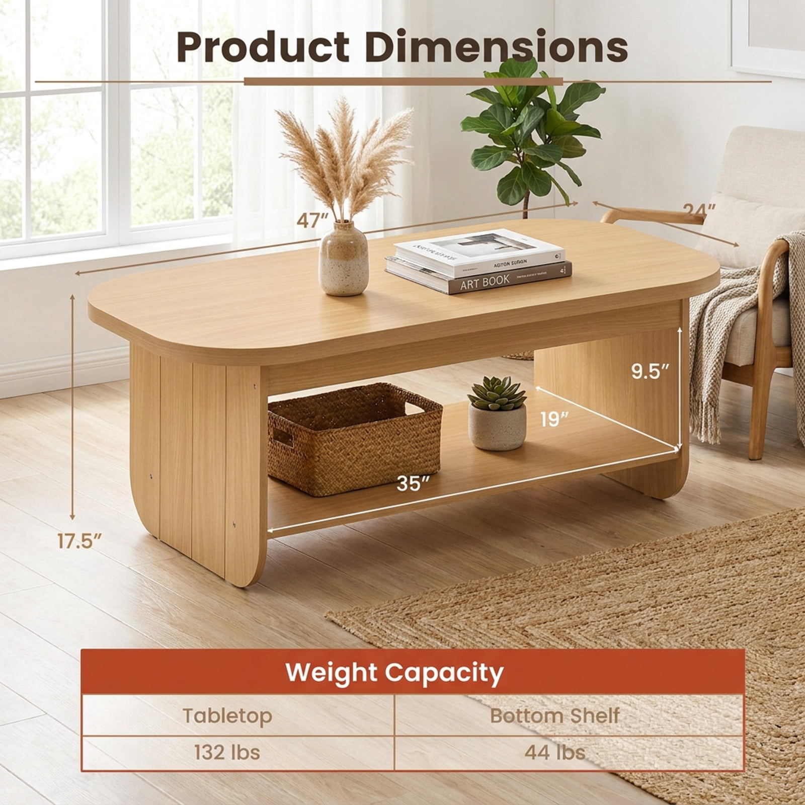 Furnibear 2 Tier Oval Coffee Table with Bottom Storage Shelf and Fluted Design a Mid Century Wood Center Table for the Living Room, Natural