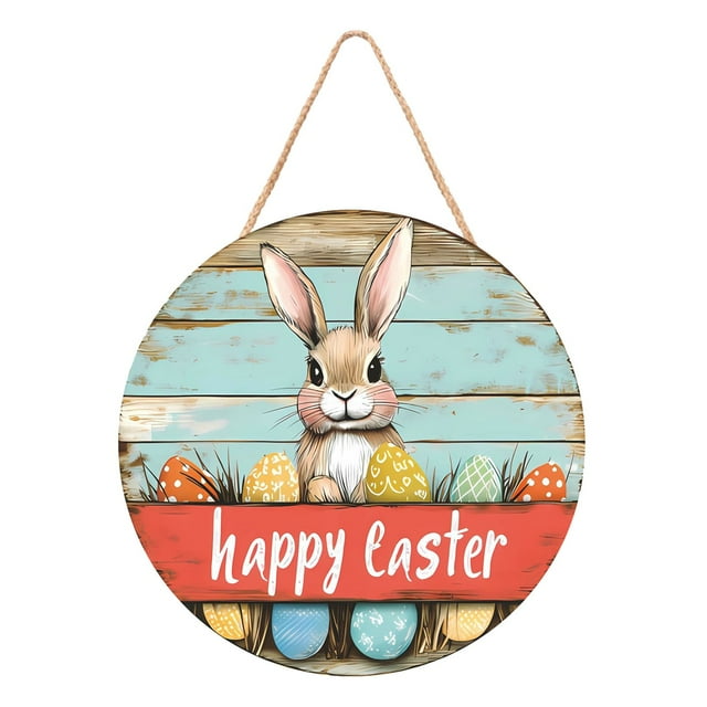 YWIYIUD 1PC Easter Wreath Rabbit Wooden Front Door Wreath 12 Inch, Easter Rabbit Eggs Wooden Sign, Round Easter Hanging Sign for Holiday Home Door Wall Farmhouse Decorations Indoors Outdoors