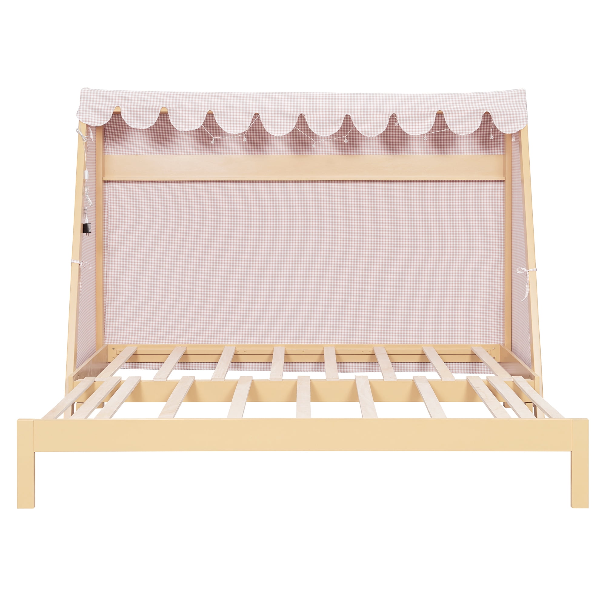 Mintazer Twin XL Platform Bed with LED Light, Trundle, Storage Shelf & Tent for Kids, Light Brown