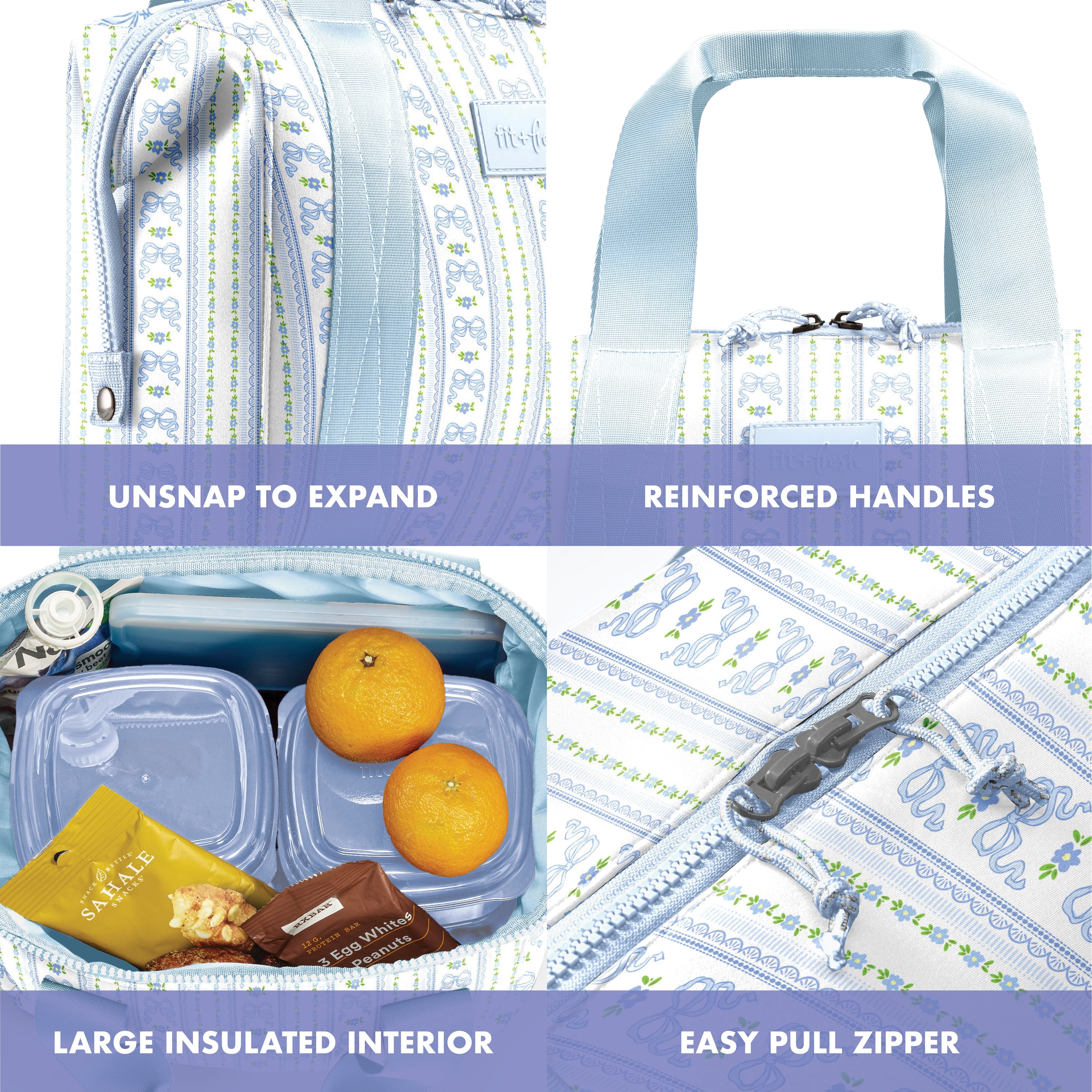 Fit + Fresh Remi Womens Lunch Bag, Insulated Lunch Box With Containers, Blue Wallpaper Bows